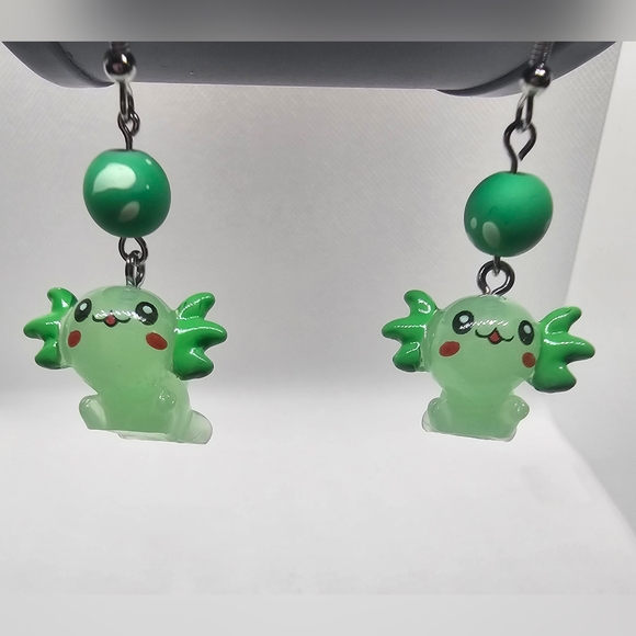 Jewelry - Cute Green Axolotl Earrings - Handmade - Hypoallergenic (Dangle w/ hook)